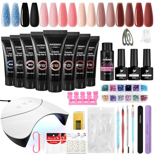 PHOENIXY Poly Nail Gel Kit, 8 Colors 15ml Poly Nail Builder Extension Gel Nail Kit With 36W Nail Lamp, Slip Solution and Base Top Coat Nail Kit Gift for Women