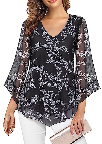 Gemulate Plus Size Blouses for Women Dressy 3/4 Sleeve Tunic Tops Double Layers Elastic Mesh Flowy V Neck Chiffon Long Tops to Wear with Leggings - Floral Black, 3XL