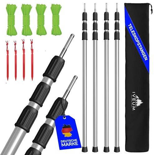 Stabile Sonnensegel Stangen [4er Set] inkl. Schnüre und Heringe - Tarpstangen für Tarps und Sonnensegel - Silber