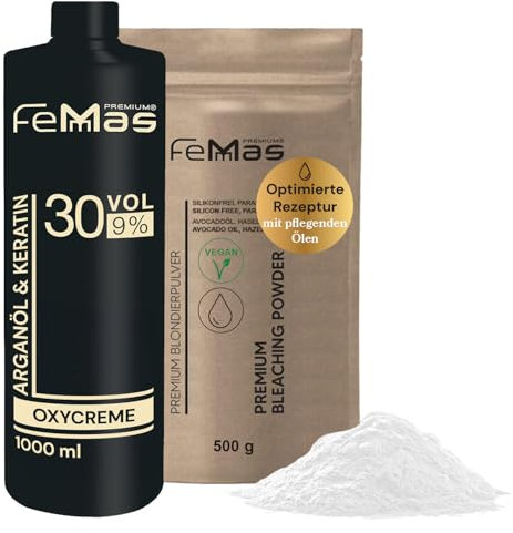 FemMas Blondierungspulver Set 500g vegan & Entwickler 9 Prozent 1L I ultra stark & staubfrei I mit nährstoffreichen Ölen I Hair Bleach Kit für zuhause in Salonqualität I Blondierung von 7-9 Tonstufen