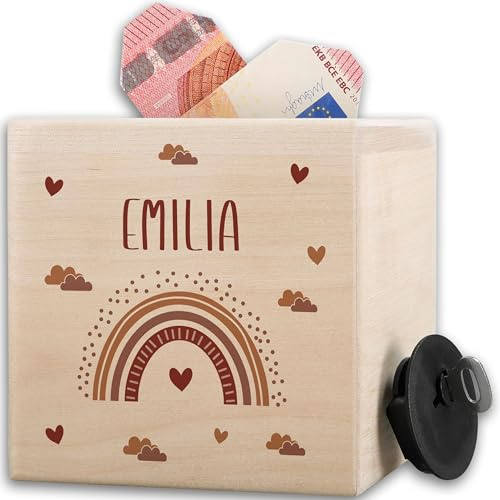 Holz Spardose Boho Regenbogen personalisiert I Sparbüchse Kinder Regen Bogen I Sparbüchse mit Namen Kinder I Geburtstag Geldgeschenk Kind Taschengeld - 10x10cm - Holz - mädchen kinderspardose