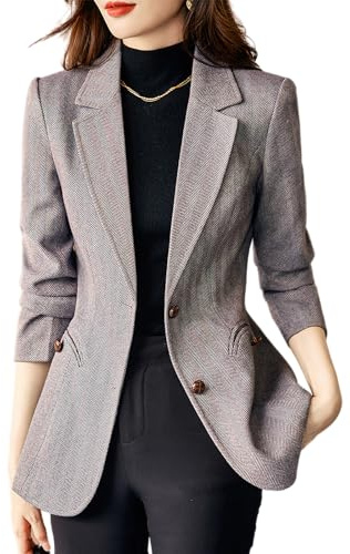 ebossy Women's Notched Lapel Plaid Herringbone Blazer Jacket Classic Single Breasted Slim Wool Blend Coat (S, Grey)
