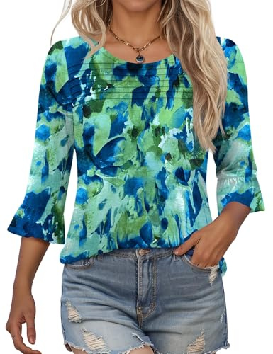 Kistore Womens 3/4 Sleeve Tops Summer Ladies Blouses Office Work Casual Round Neck Shirts Fashion Bell Sleeves Print Blouse M