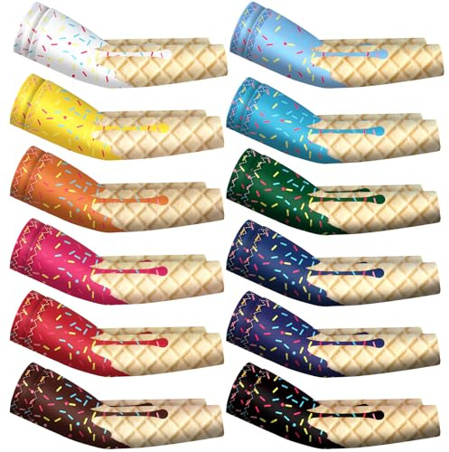 Newcotte 12 Pairs Arm Sleeves for Kids Compression Football Baseball Arm Sleeve Youth UV Protection Breathable Cooling Sleeve(Ice Cream,8-10 Years)