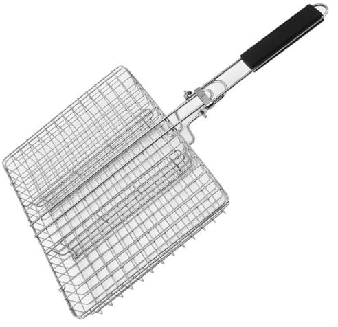 Puupaa Griglia pieghevole in acciaio inox per barbecue, griglia quadrata con manico lungo rimovibile, per pesce, carne, verdure, barbecue all'aperto