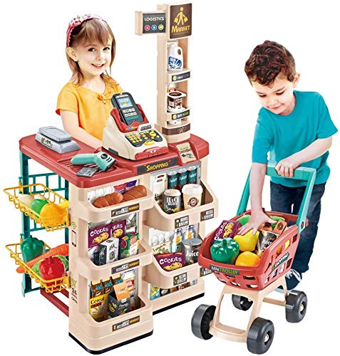 deAO Supermercato con Carrello della Spesa, Cassa, Accessori per Negozio, Cassa con Scanner e Suono, Giocattolo per Bambini dai 3 Anni in su, Compleanno, Regali di Natale per Bambini e Bambine, Rosso