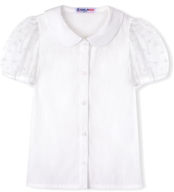 WELAKEN Girls Peter Pan Collar Button-Down Blouse – Classic White Shirt with Heart Mesh Puff Sleeves