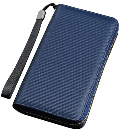 SUEEWE Grande Lungo Portafoglio Pochette Uomo in PU Pelle, 8 Slot per Carte di Credito, 2 Scomparto per Banconota, 1 Scomparto con Cerniera, 1 Scomparto per Telefono, con Braccialetto Staccabile, Blu