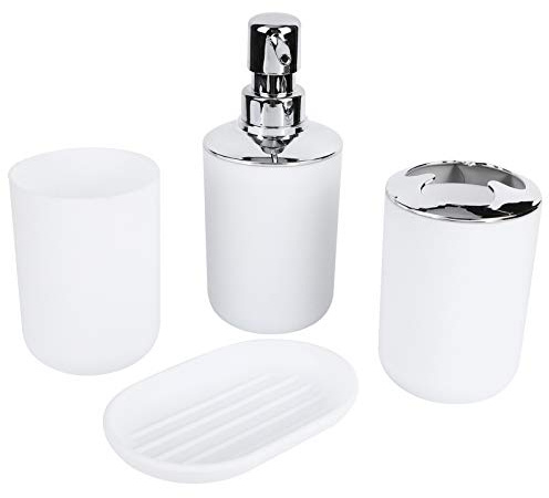 Keenso Lot de 4 accessoires de salle de bain comprenant une bouteille de lotion en plastique, un gobelet de rangement, une tasse à vaisselle et un bol (blanc)