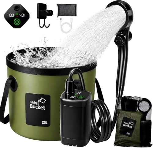 Ducha Portatil Camping con Bomba Batería 6000mAh – Kit Ducha Agua con Cubo Plegable 20L, Cabezal 3 Modos, Manguera 2m, IPX7, Carga USB-C – Ducha Camper Furgoneta Exterior Perro Jardín