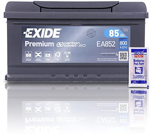 EXIDE EA852 Premium Carbon Boost Autobatterie 12V 85Ah 800A PKW KFZ Starterbatterie Batterie Ersetzt 77Ah 79Ah 80Ah 82Ah 84Ah + 1x Batteriepolfett | Starterbatterie Batterie Ersetzt 77Ah 79Ah 80Ah 82Ah 84Ah + 1x Batteriepolfett