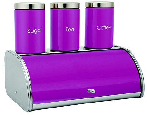 4 Pcs Stainless Steel Tea Coffee Sugar Bread Bin Set Purple