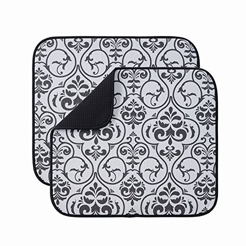 Microfibre Drying Mat for Kitchen Dish Drying Drainer Mat Absorbent Drying Mat Washing Up for Glass, Plate &Cup 40cm x 46 cm 2 Pack Black Leaf