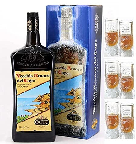 CAFFO AMARO DEL CAPO 3 LT IN ASTUCCIO DI CARTONE eNO LEGNOe + 6 BICCHIERI ORIGINALI