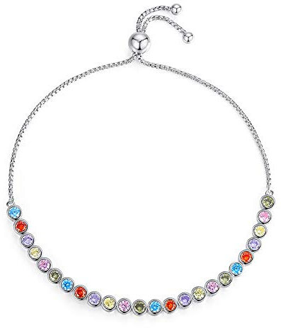 Buntes Tennis-Armband mit Geburtsstein, 925er Sterlingsilber, Zirkonia, 25,4 cm, verstellbar für Frauen