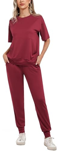 Irevial Conjunto Chandal Mujer Verano Conjunto de Camiseta de Manga Corta y Pantalones con Cordón y Bolsillo Ropa Deportiva 2 Piezas Primavera para Fitness Rojo Vino, XXL