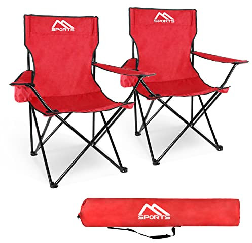 MSPORTS Campingstuhl Premium inkl. Tragetasche in Rot Anglerstuhl Faltstuhl - 2er Set - Klappstuhl mit Armlehne und Getränkehalter praktisch robust leicht