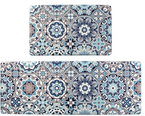 Jabogrii Anti Fatigue Kitchen Mat Set of 2 Blue Cushioned Kitchen Rugs Comfort Floor Mat PVC Waterproof Non Slip Kitchen Carpet Rug Runner for Sink Laundry 17x48+17x28