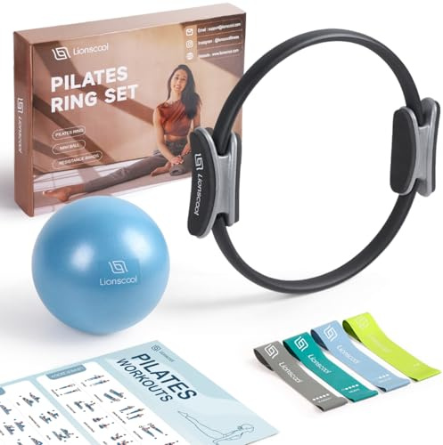 LIONSCOOL Set de Anillos de Pilates (Negro) – Círculo Mágico Antideformación de 36 cm con Mangos Acolchados, Mini Pelota de 23 cm, Bandas de Resistencia de Látex Elástico, Guía y Bolsa