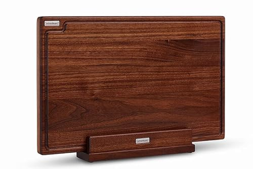 Schneidboard Nussbaum S+ Inkl. Halter - Design Schneidebrett Aus Holz mit Saftrillle und passendem Halter - Made in Germany - 45x29x3,8 cm …