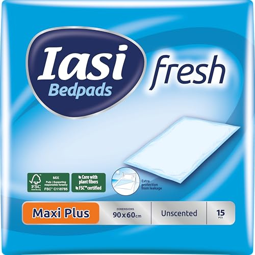 IASI Bedpad, Einweg-Bettquerträger 60x90, Maxi Plus Saugfähigkeit, Geruchskontrolltechnologie ohne Duft, 15 Stück