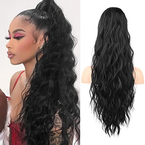 Flufymooz Ponytail Extension Pferdeschwanzverlängerung, 66 cm Pferdeschwanz mit Kordelzug Haarverlängerungen, Lockiger Pferdeschwanz Synthetisches Haarteil für Damen (Natürliches Schwarz)