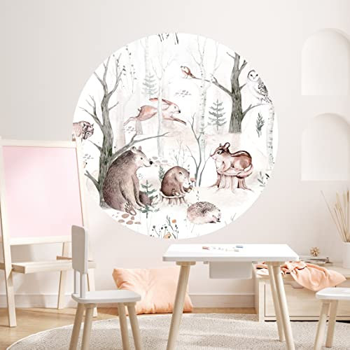 WANDKIND Waldtiere Wandtattoo Kinderzimmer RUND V428 | handgezeichnet | AUFKLEBER Kindergarten | Babyzimmer Wandsticker Wanddeko Dekoration Abenteuer im Wald (130 x 130 cm)