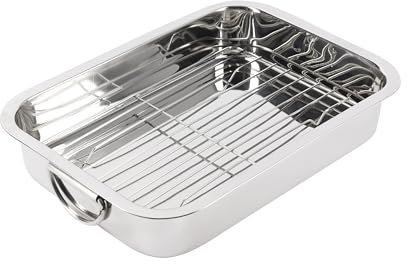 RB RENBERG – Bandeja Horno con Grill Rectangular para Horno – Fabricada en Acero Inoxidable - Máxima Antiadherencia – Tamaño 37 x 26.5 x 6.3 - Ideal para Lasaña Pastel Cazuela Tapas