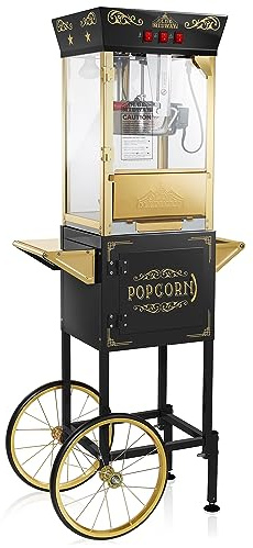 Olde Midway Vintage-Style Popcorn Machine w/Cart and 8-Ounce Kettle, Black