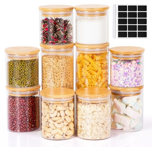 Cinnani Set di 10 Barattoli in Vetro Ermetici Con Coperchio di Bambù - Contenitori per Alimenti, Biscotti, Pasta, Cereali