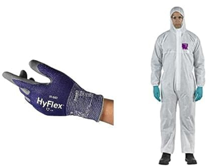 HyFlex 11-561 Schnittschutz-Handschuhe, Nitril-beschichtung, Höchste Weiterreißfestigkeit, Blau, Größe XL (1 Paar) + AlphaTec 1500 Model 138, Einweg-Schutzanzug mit Kapuze Weiß, Größe L (1 Stück)