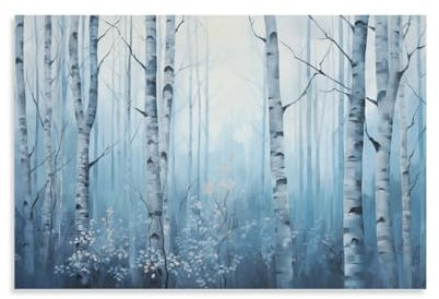 Misty Birke Forest Wandkunst Leinwand Poster Hellblau Natürliche Landschaft Wanddekoration Poster Schlafsaal Dekor Malerei Kunst