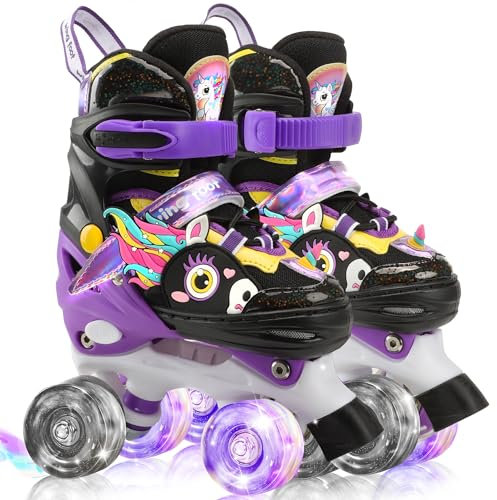 WESKIFAN Einhorn Kinder Rollschuhe für Mädchen Jungen Skates für Kinder mit Leuchtenden Rädern Größen Verstellbar Quad Roller Skates für Anfänger Geburtstags und Weihnachts Geschenke