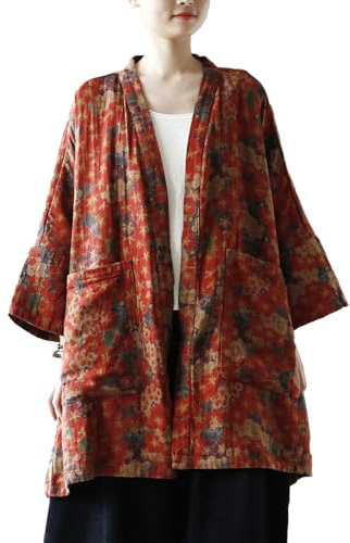 LUZU JUNU Veste kimono à imprimé floral ouvert sur le devant pour femme - Printemps et automne - Manteau plumeau avec poches, Motif B, taille unique