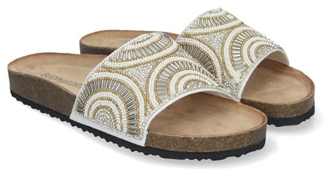 83490 Sandalia Plana de Mujer, Comoda y Elegante, Diseno Moderno, Estilo Bio y con Piedras de Strass en la Pala. Blanco Talla 39