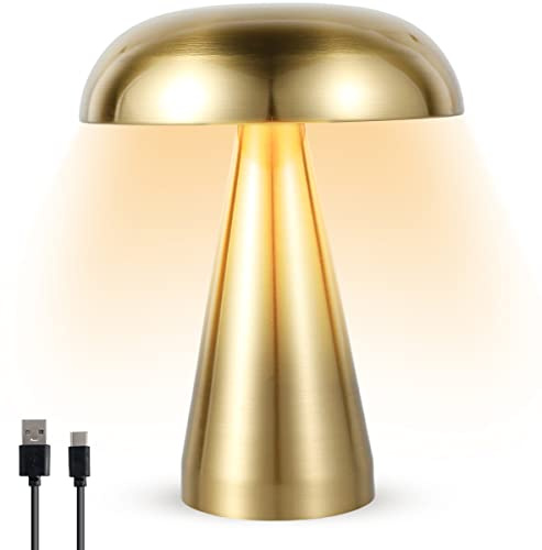Mushroom Table Lamp Rechargeable Desk Lamp Portable Cordless LED Desk Light Touch Control Night Light with 3 Color Dimming Decorative Metal Bedside Lamp for Bedroom Living Room Dining Room( gold )