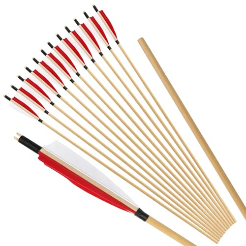 Generisch 12pcs Pfeile Holzschaft Für Recurvebogen Langbogen Traditionellerbogen Handgemachte Jagdpfeile Schaft Mit 5 Truthahnfeder