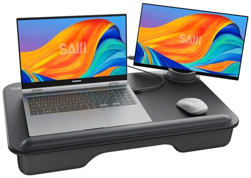 Laptop unterlage, SAIJI Laptopkissen Komfort Leder Desktop, mit Telefonhalter, Handgelenkauflage, Laptop Kissen für max. 17 Zoll Notebook, 6.7 Zoll Telefon, 12.9 Zoll Tablet, 54 * 33cm (Schwarz)