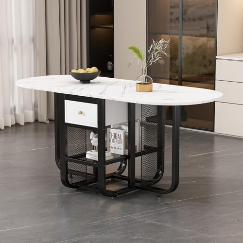 KUAKE Klappbarer Multifunktionaler Esstisch - Ausziehbar Mit Stauraum, Kaffee-Freizeittisch, Schubladen, 3 Formen (Weiß+Schwarz)