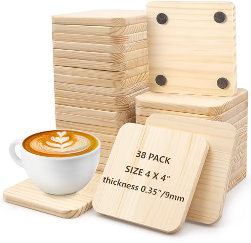 38 Pack Unfinished Wood Coasters, 10cm Wooden Coasters Square Blank Crafts Coasters Thick Wood Pieces with 150 Non-Slip Silicon Dots for DIY Drawing Painting Wood Engraving Decoration