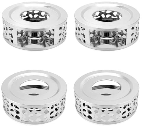 QWORK Tea Kettle Warmer, 4 Pack Brushed Stainless Steel Kettle, Hollow Frame, with Tea Candle Holder, Fits Most Teapots, Silver