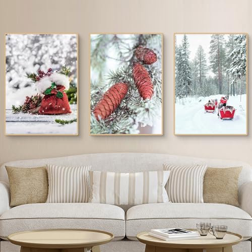 Uixxducc 3er Premium Poster Set Moderne Winter Tannenzapfen Haus Schneelandschaft Wandbilder Winter Bilder Strobil Wald Weihnachtst Wanddeko Wohnzimmer Schlafzimmer Wandbilder ohne Rahmen (50x70cm,A)