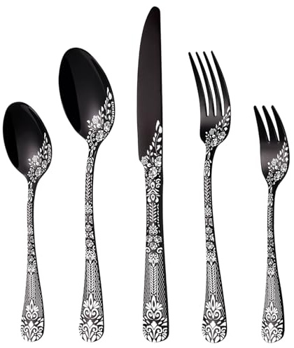 Besteck Set Schwarz für 6 Personen, HONKKU 30-teiliges Edelstahl Besteckset, Essbesteck Set Spiegel Polierter mit Blumenmustern, Gabel Löffel Messer Set Spülmaschinenfest