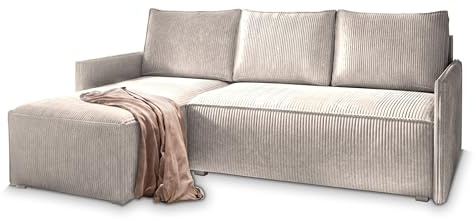 Masseno Ecksofa PERUSI mit Schlaffunktion L-Form, Sofa mit Bettkasten, Wohnzimmersofa, Couch, Soffa, Bettsofa, Couchgarnitur- Creme, POSO 100