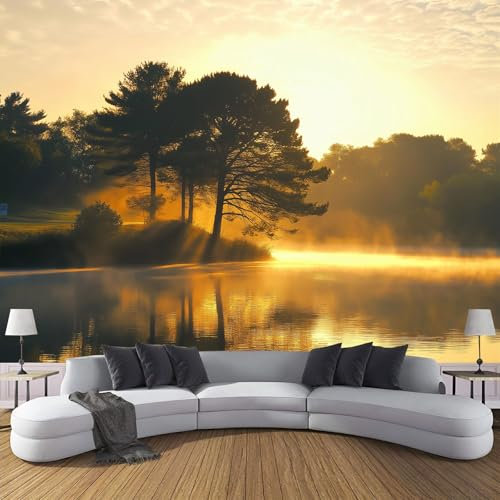 Papel Tapiz Fotográfico Para Dormitorio Sala De Estar, Puesta De Sol Reflejo De Árbol Papel Tapiz Decorativo, Paisaje Natural Papel Tapiz Fotográfico Tela De Seda 300Anx210Al Cm (No Autoadhesivo)