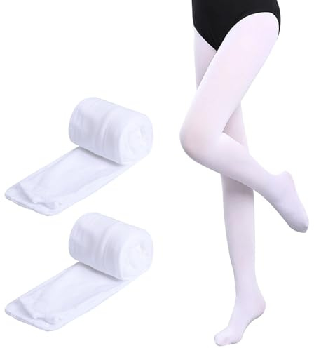 Lancry 2Pairs 80D Footed Ballet Dance Tights for Girls (M, White)