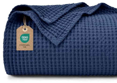 PHF Couverture gaufrée 100 % coton - 130 x 150 cm - Légère et respirante - Parfaite pour toute l'année - Certifié Oeko-TEX - Qualité de linge de lit - Idéal pour le canapé, le lit, bleu marine foncé