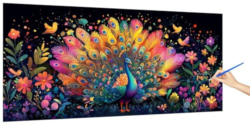 Malen Nach Zahlen Erwachsene Pfau, Malen Nach Zahlen BlumeKinder Kleines Format, DIY Paint by Numbers Kreativ Set AnfäNger Inklusive Pinsel und Acrylfarben Ohne Rahmen Zimmer Deko Geschenk 60x30cm M-2