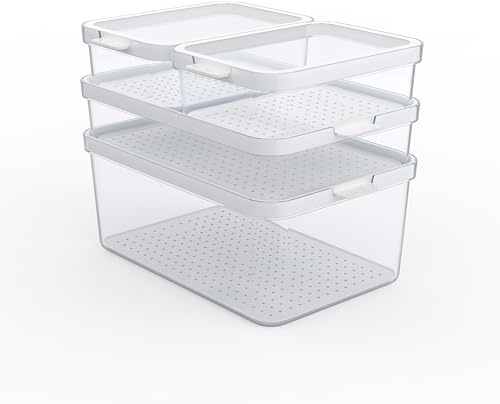 Rotho Aufbewahrungsbox Cauma 4er-Set Vorratsdosen mit Deckel 3 Größen Weiß | Vorratsdosen, vier transparente Dosen mit passenden Deckeln, drei Größen, stapelbar, lebensmittelecht, spülmaschinenfest