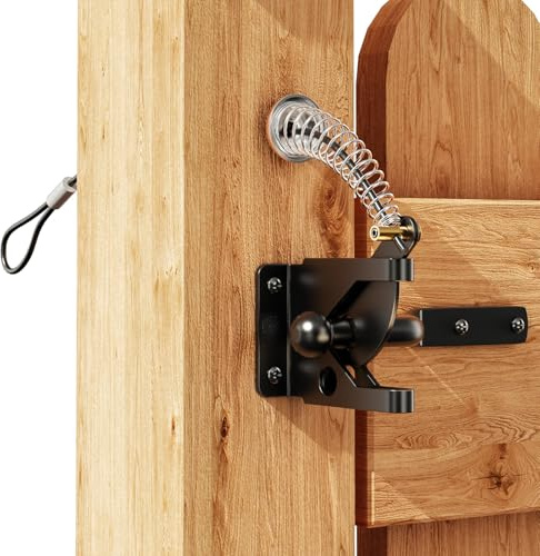 Weielt Self Locking Gate Latch for Wooden Gates Black Coated, Carbon Steel Adjustable Gate Latch Weather Protection with Spring Cable Pull for Metal Wooden Fences Gates Sheds (1, Black)